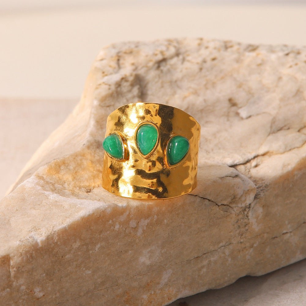 Hammered Gold Ring with Green Teardrop Stones