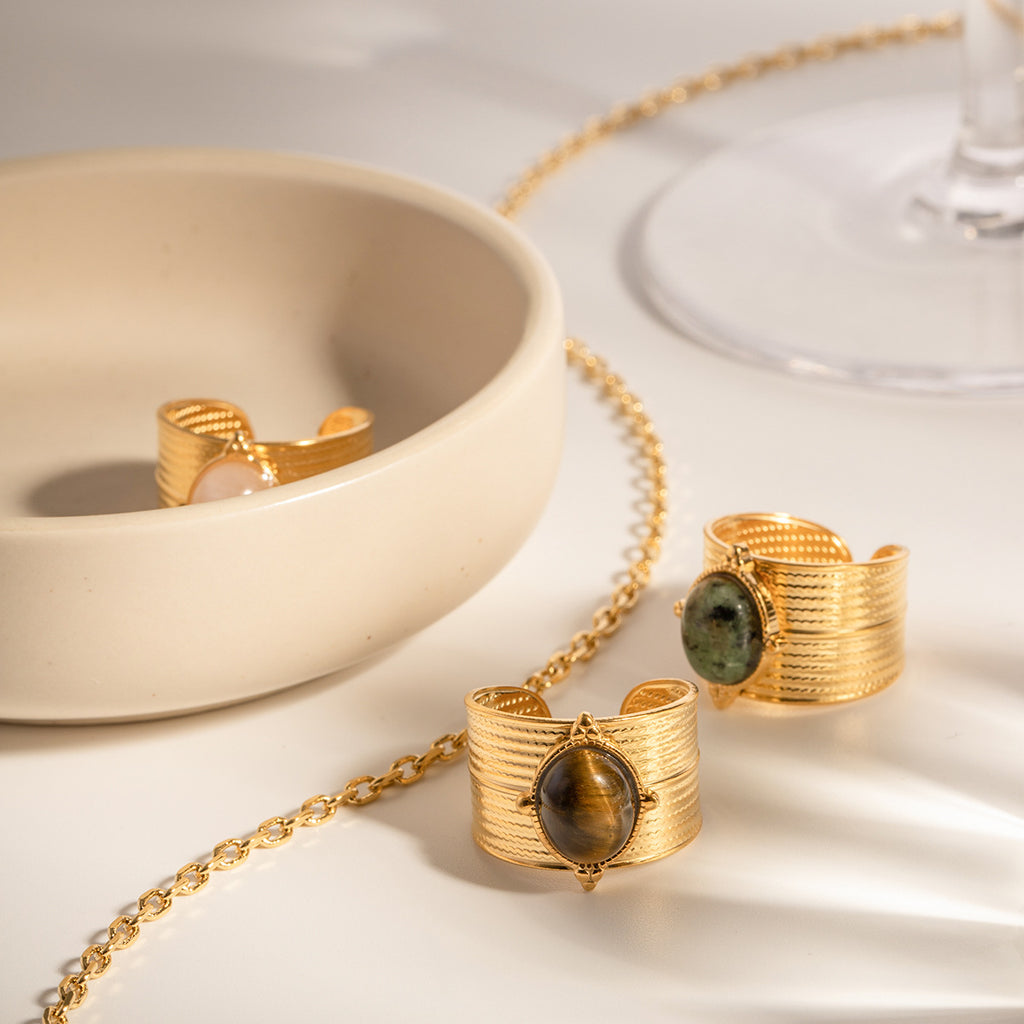 Gold Adjustable Ring with Natural Stone