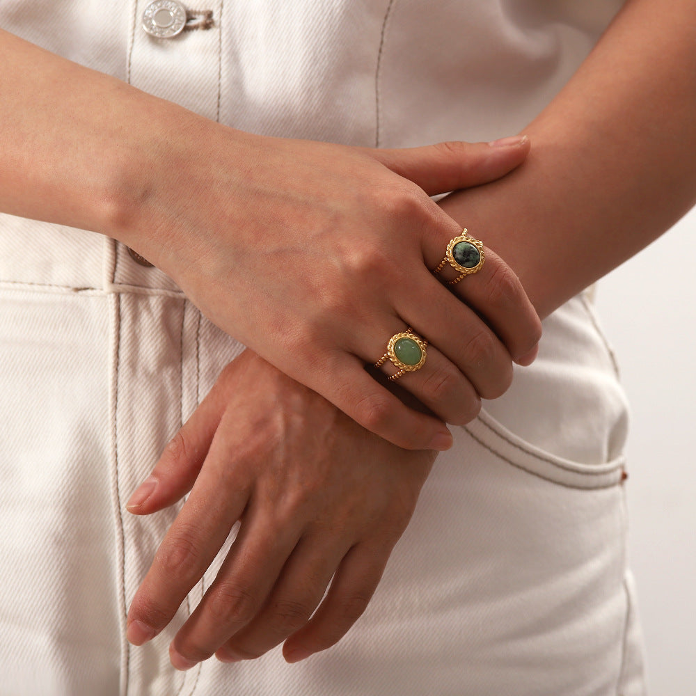 Twisted Double Band Ring with Natural Green Stone