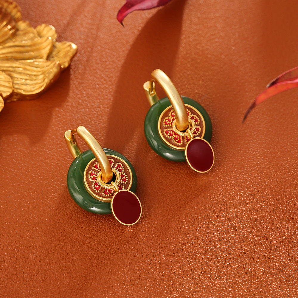 Jade & Maroon Enamel Hoop Earrings