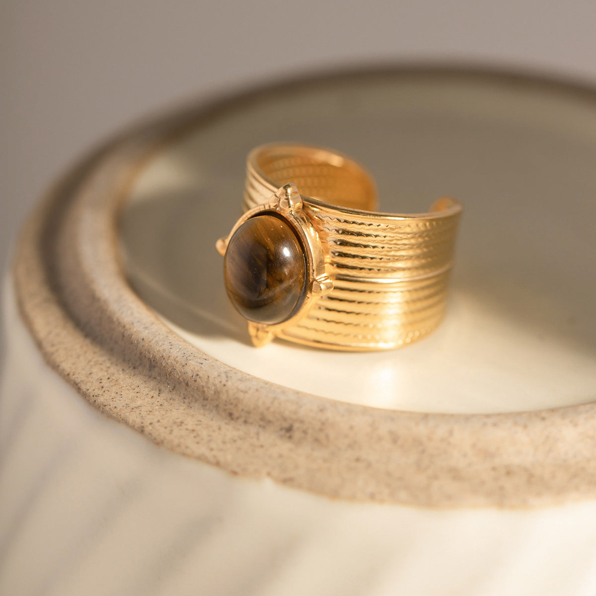 Gold Adjustable Ring with Natural Stone