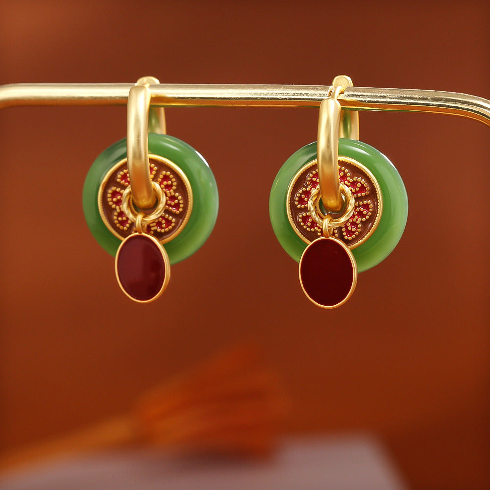 Jade & Maroon Enamel Hoop Earrings