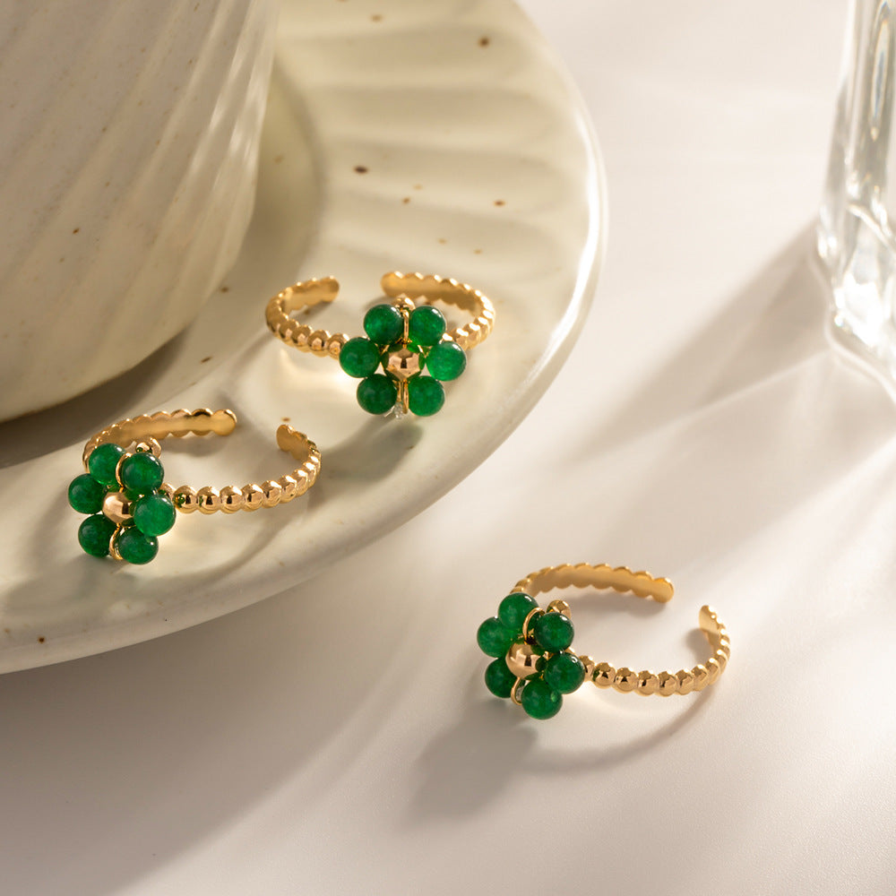 Gold Beaded Ring with Gemstone Flower