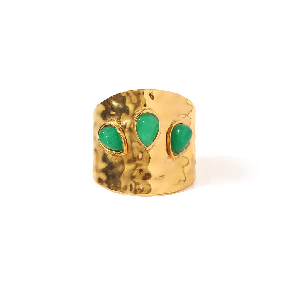 Hammered Gold Ring with Green Teardrop Stones