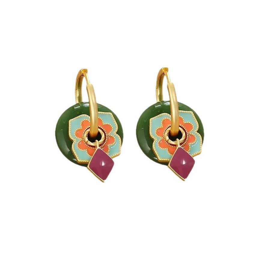 Green Jade & Pink Enamel Flower Earrings