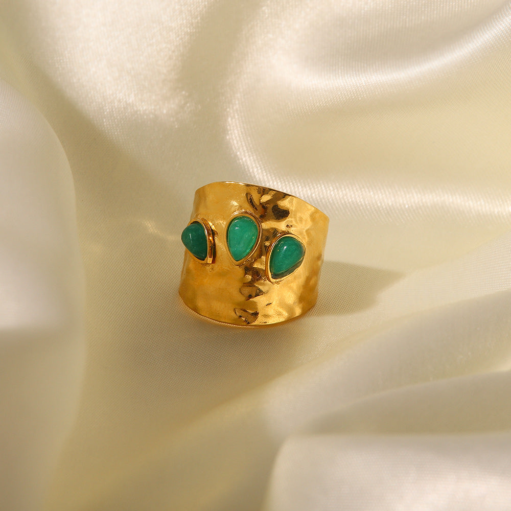 Hammered Gold Ring with Green Teardrop Stones