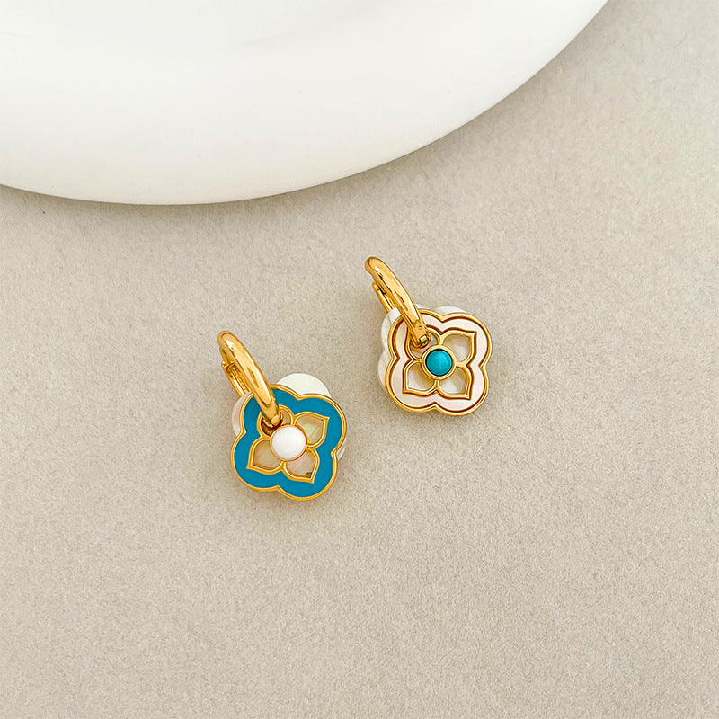 Turquoise & White Clover Earrings with Pearl Accent