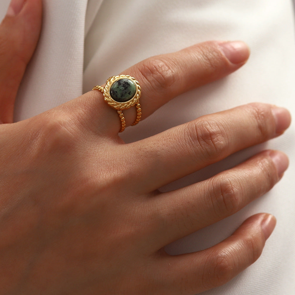 Twisted Double Band Ring with Natural Green Stone
