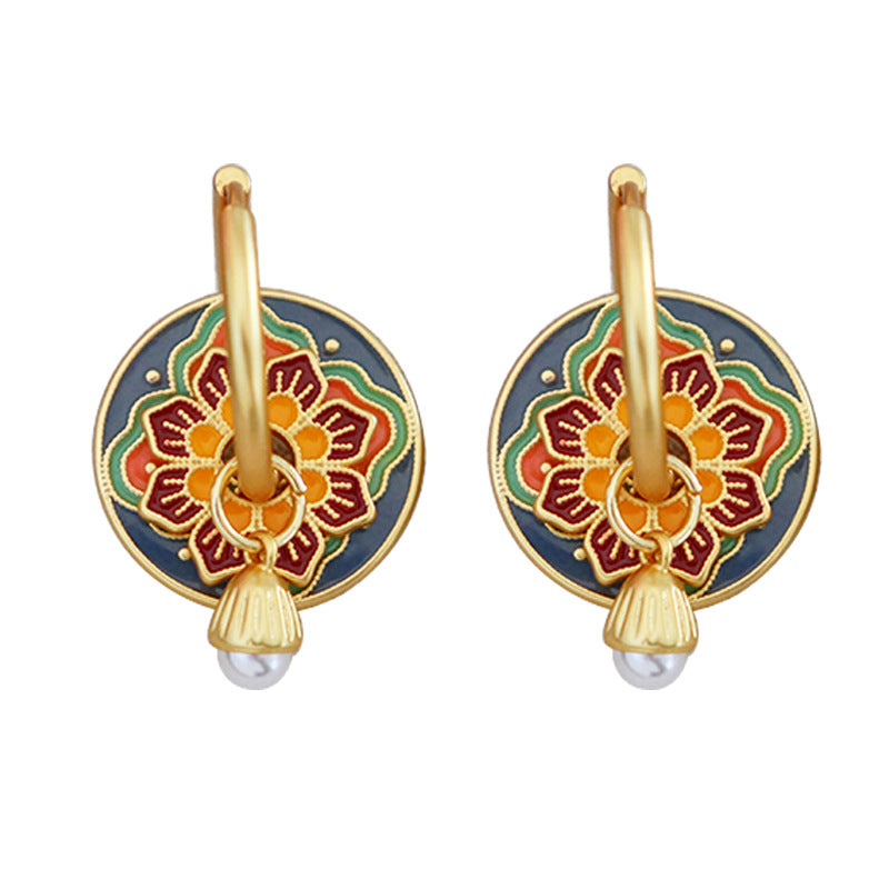 Red & Blue Floral Earrings with Pearl Drop