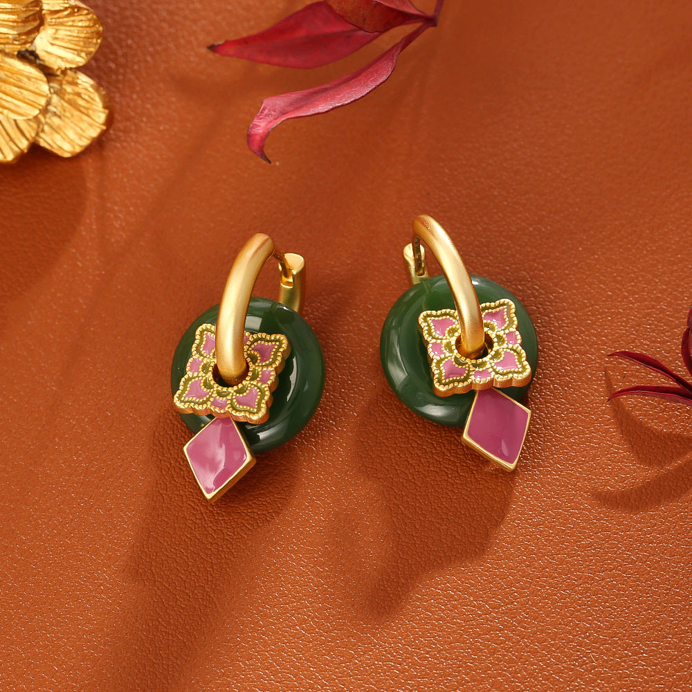 Green Jade & Fuchsia Enamel Drop Earrings