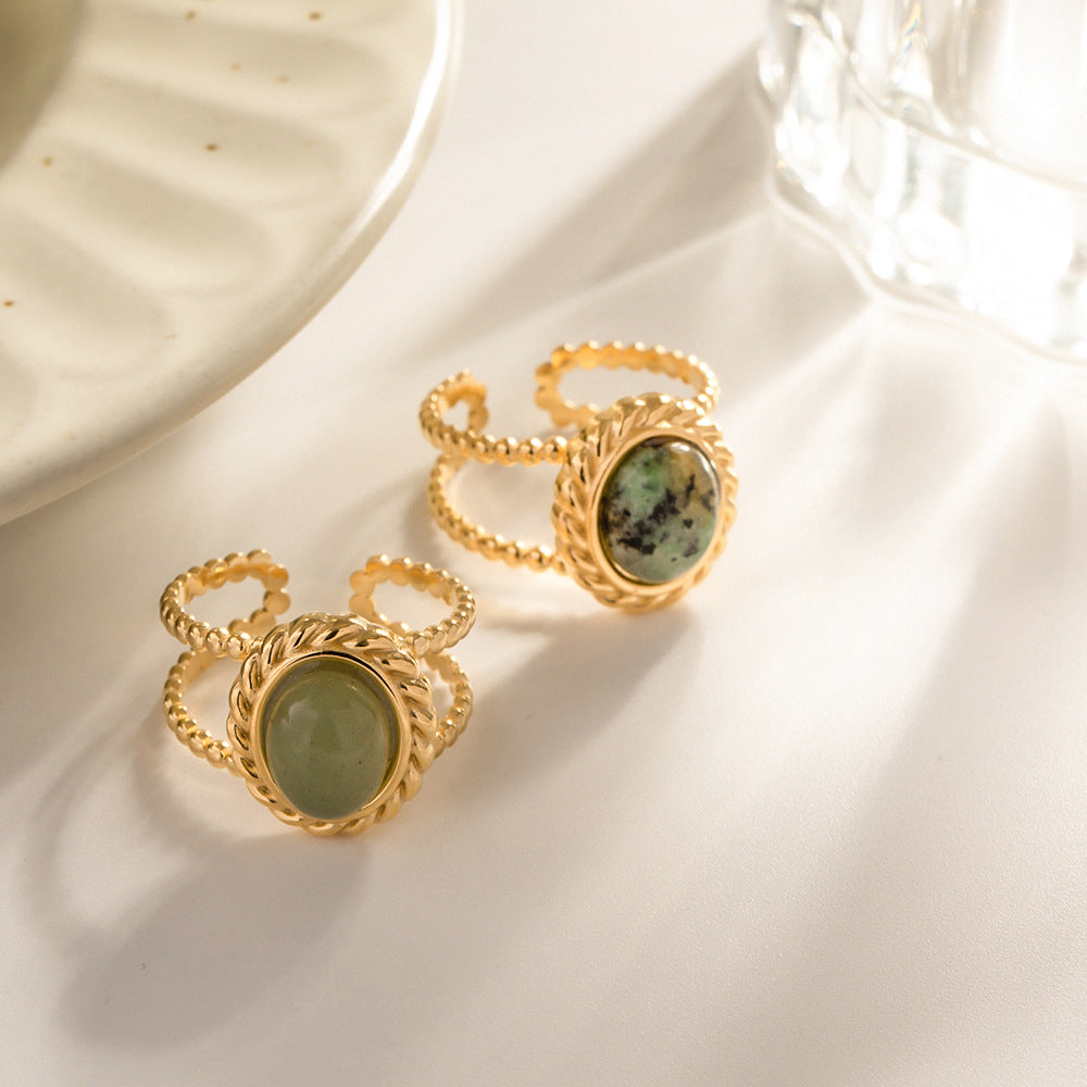 Twisted Double Band Ring with Natural Green Stone