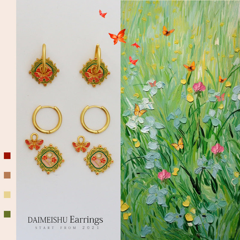 Green & Orange Butterfly Earrings with Gold Frame