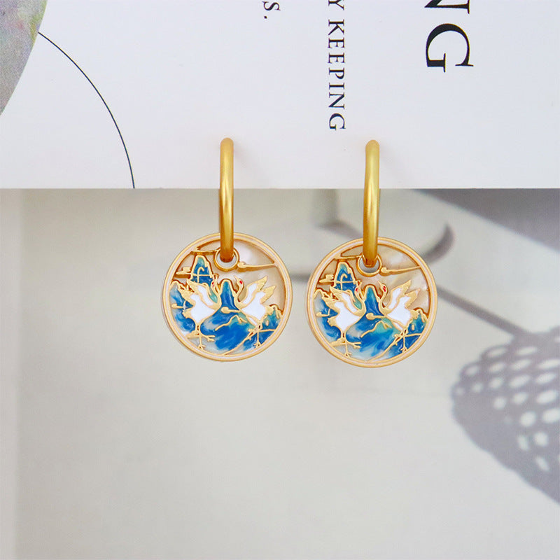 Blue Swan Earrings with Gold Frame
