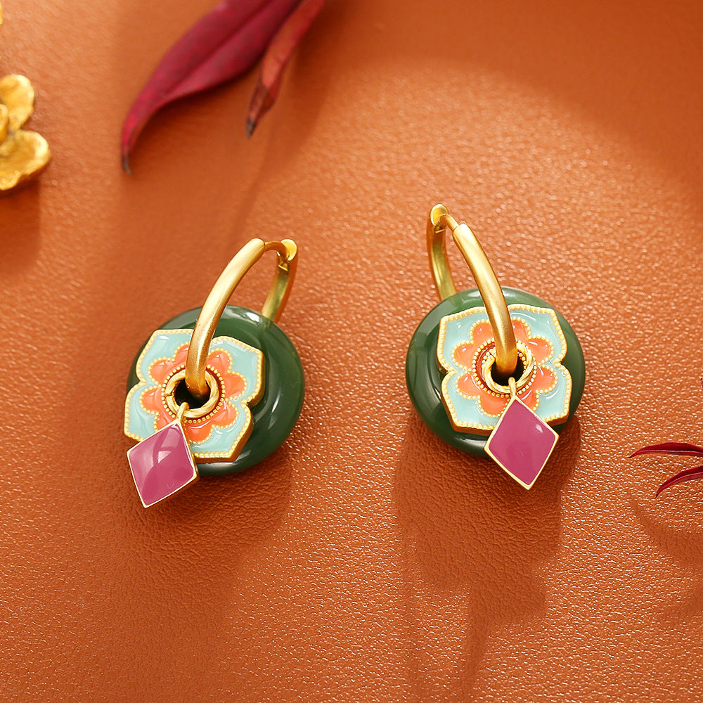 Green Jade & Pink Enamel Flower Earrings