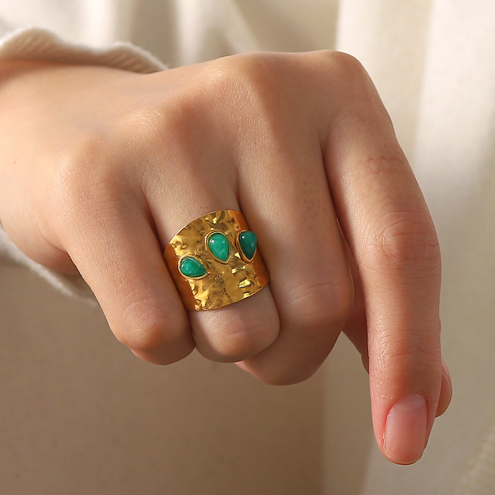 Hammered Gold Ring with Green Teardrop Stones