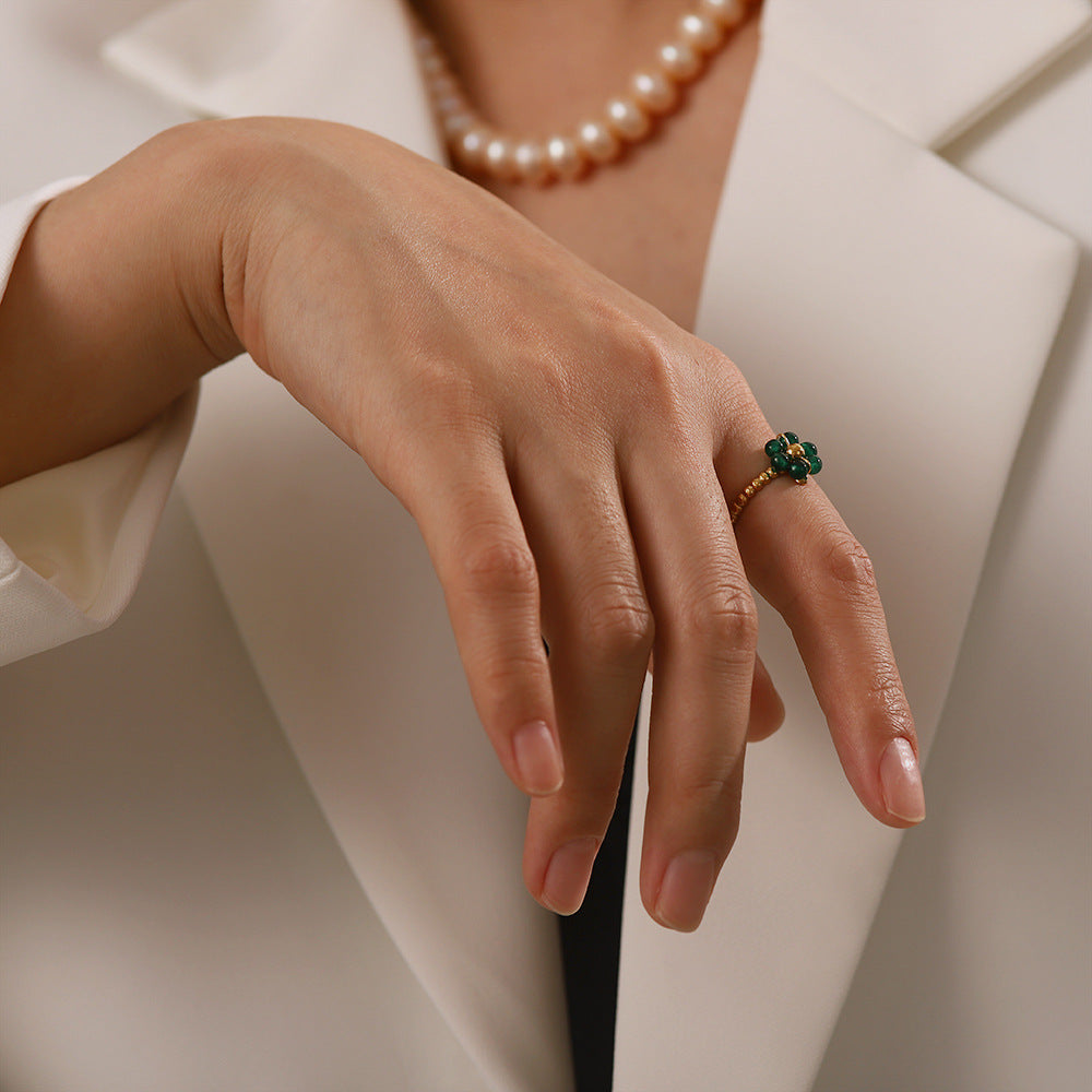 Gold Beaded Ring with Gemstone Flower