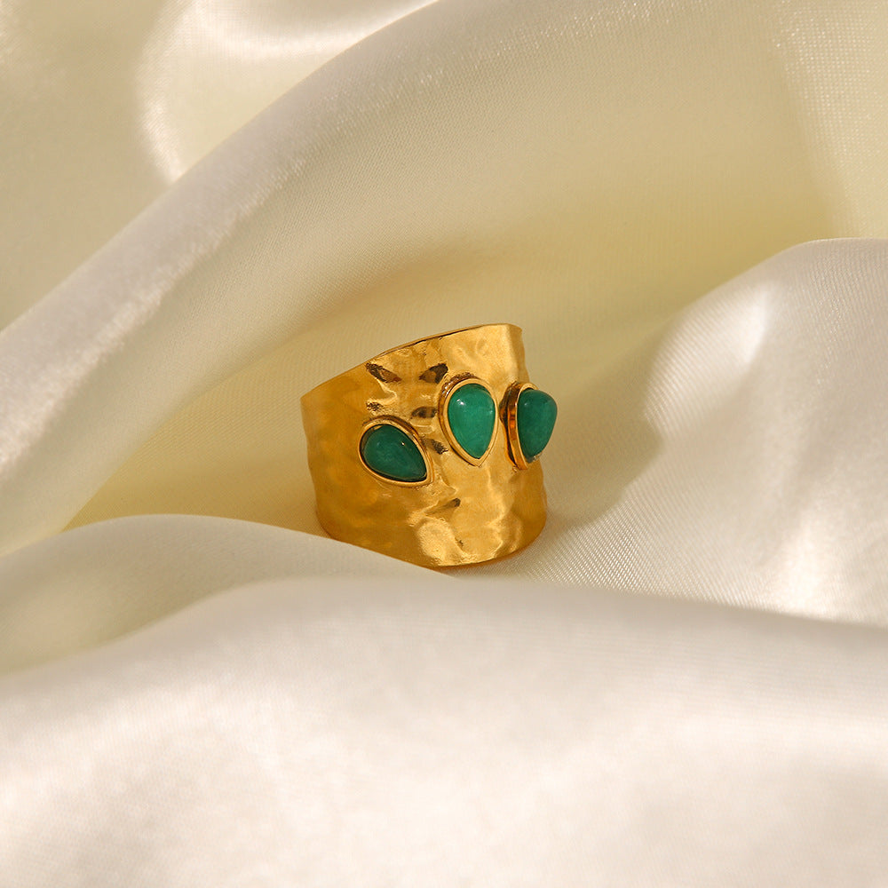Hammered Gold Ring with Green Teardrop Stones
