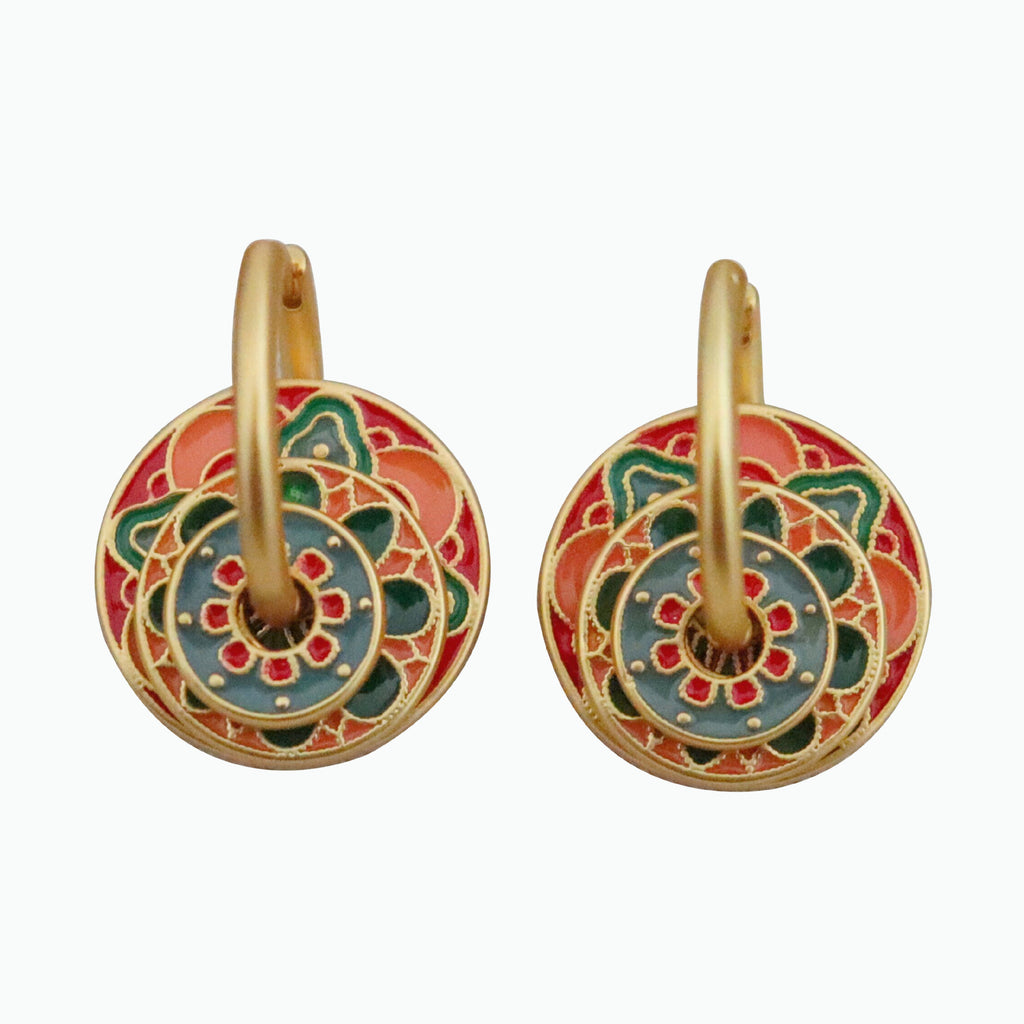 Green & Coral Mandala Earrings