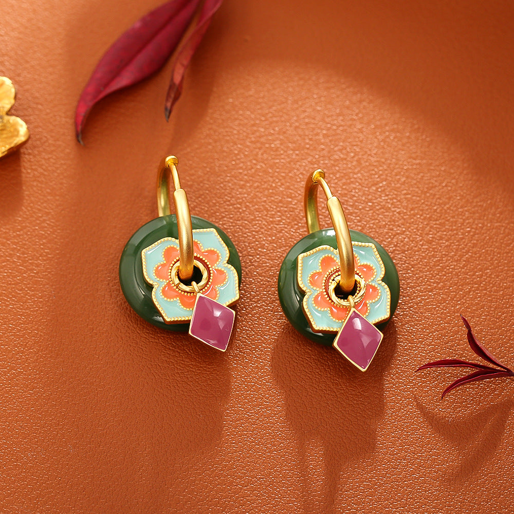 Green Jade & Pink Enamel Flower Earrings