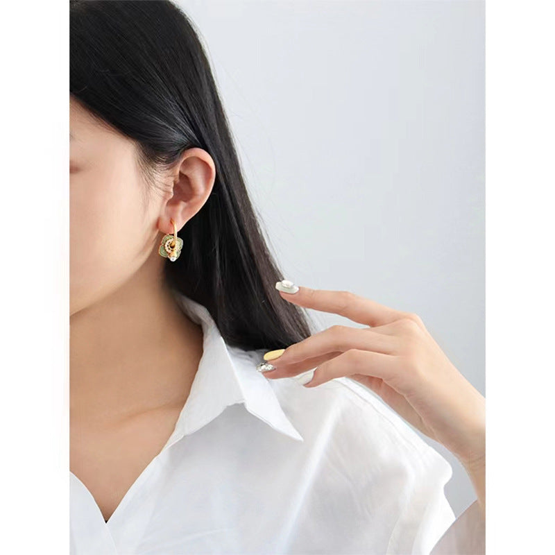 Mint Blossom Earrings with Pearl Drop