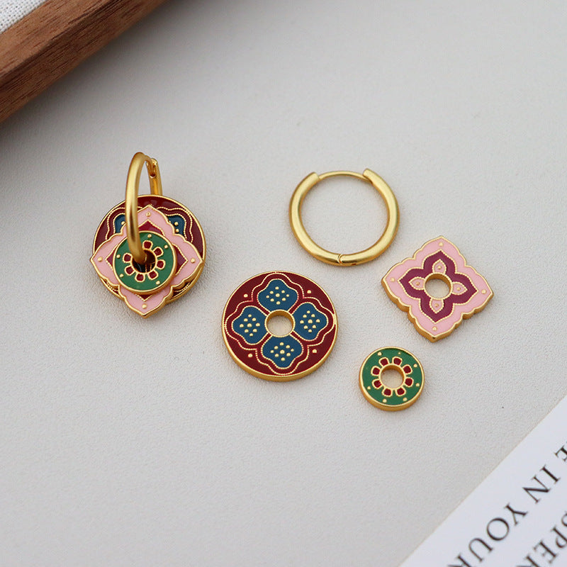 Burgundy & Pink Geometric Floral Earrings