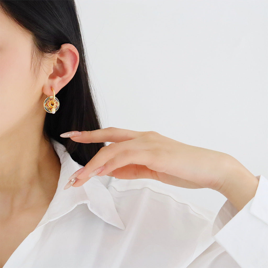 Red & Blue Floral Earrings with Pearl Drop