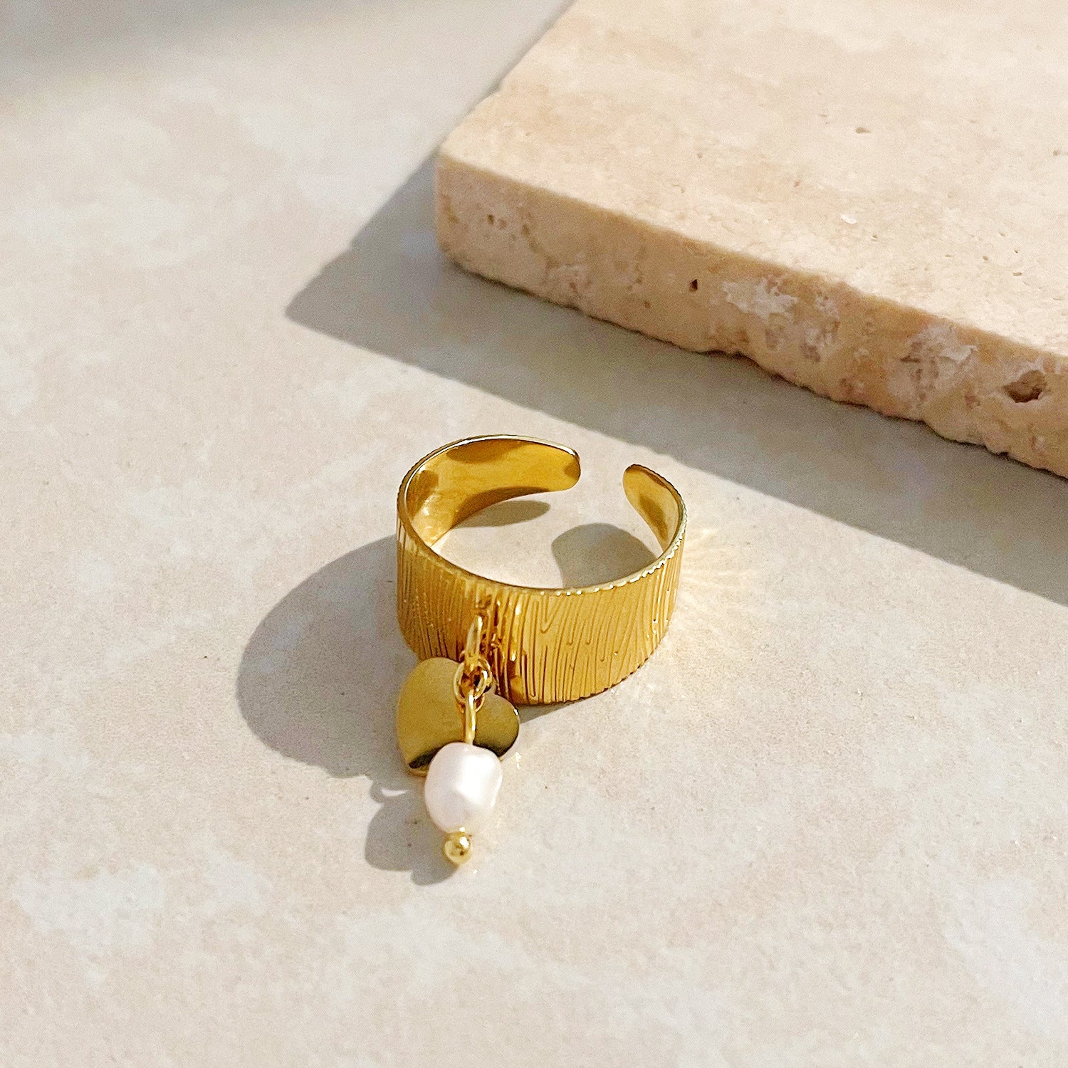 Textured Gold Ring with Pearl Charm