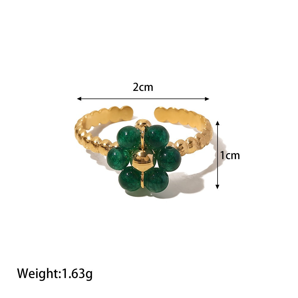Gold Beaded Ring with Gemstone Flower