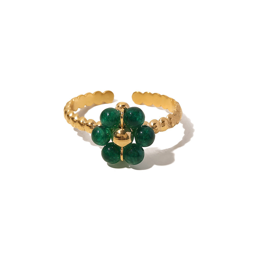 Gold Beaded Ring with Gemstone Flower