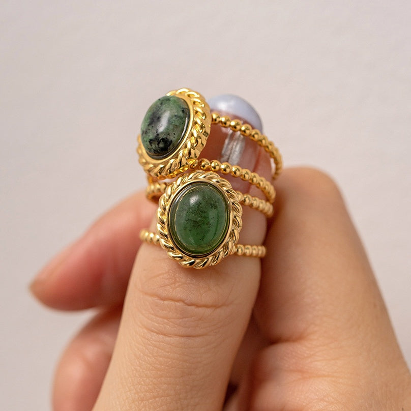 Twisted Double Band Ring with Natural Green Stone