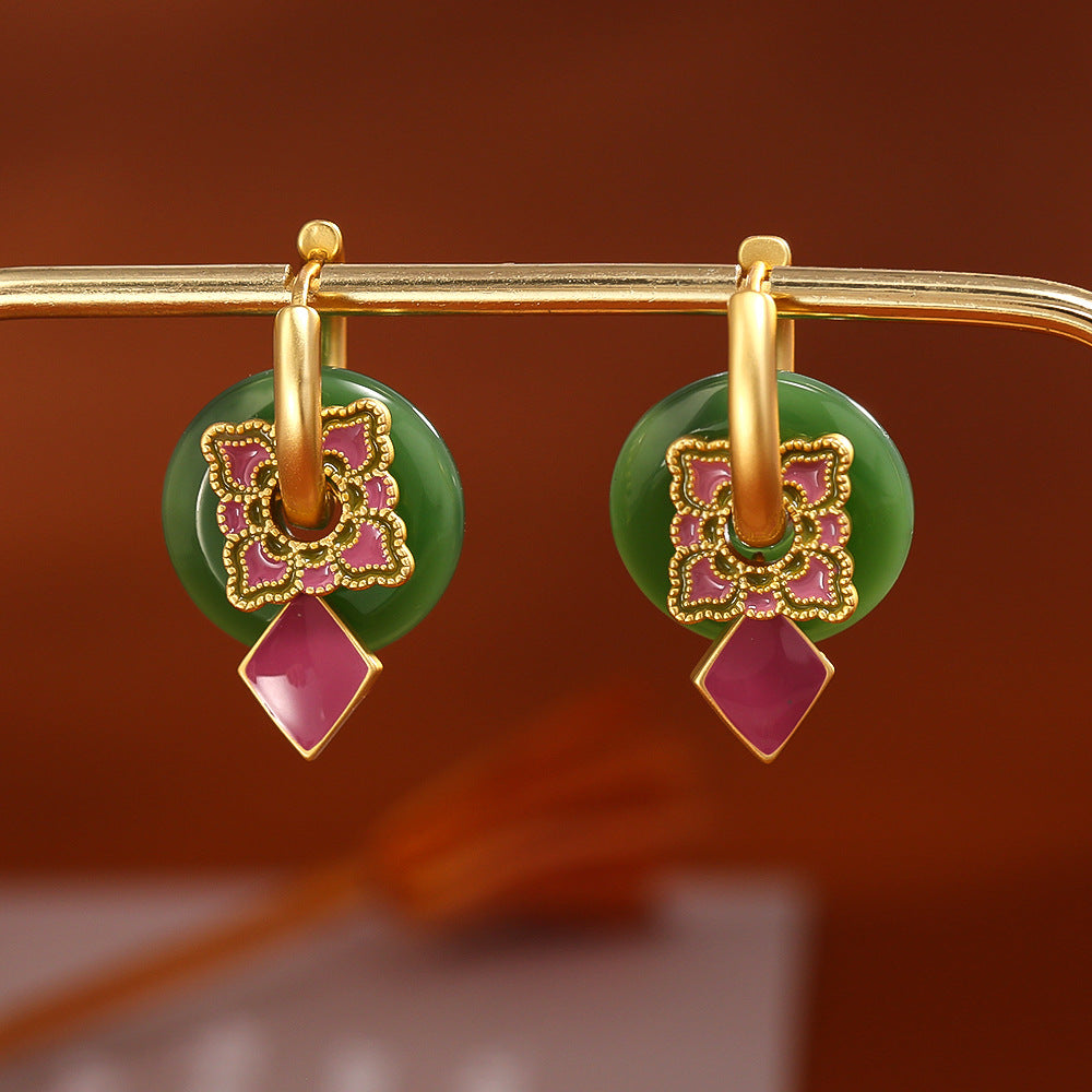 Green Jade & Fuchsia Enamel Drop Earrings