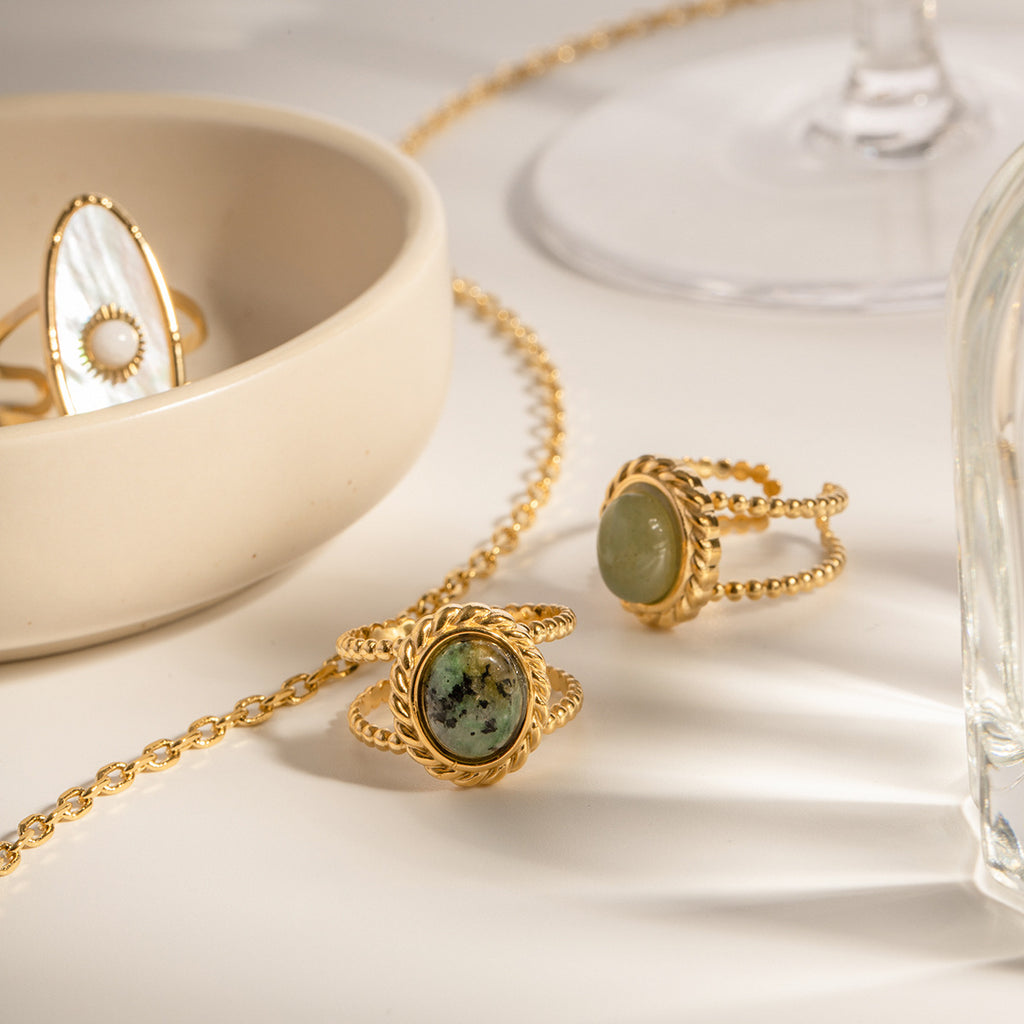 Twisted Double Band Ring with Natural Green Stone