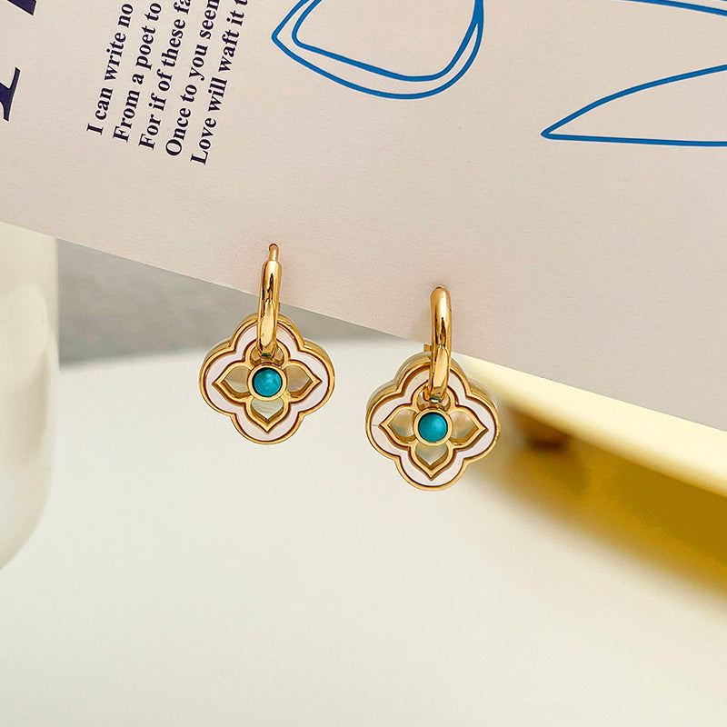 Turquoise & White Clover Earrings with Pearl Accent