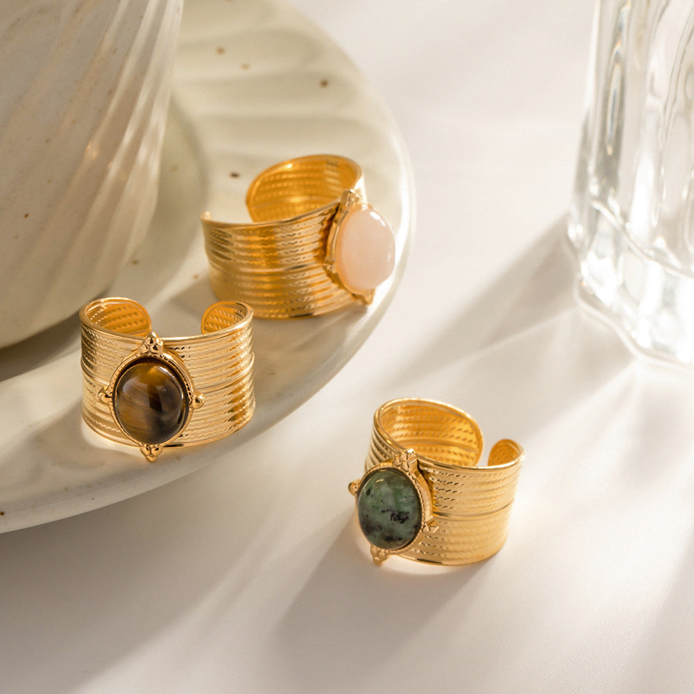 Gold Adjustable Ring with Natural Stone