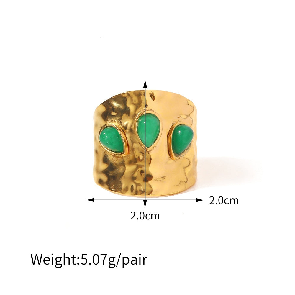 Hammered Gold Ring with Green Teardrop Stones