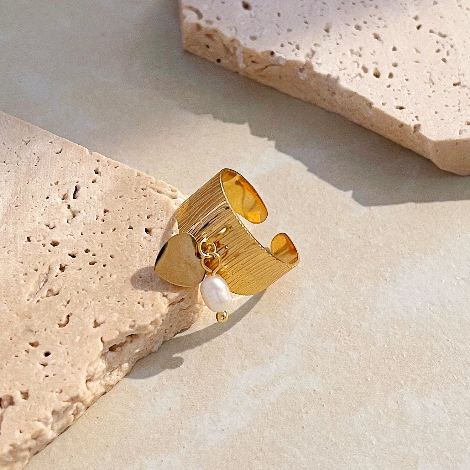 Textured Gold Ring with Pearl Charm