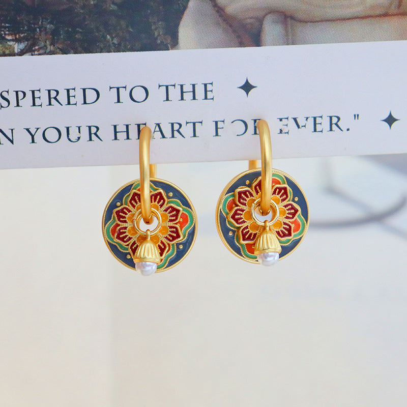 Red & Blue Floral Earrings with Pearl Drop
