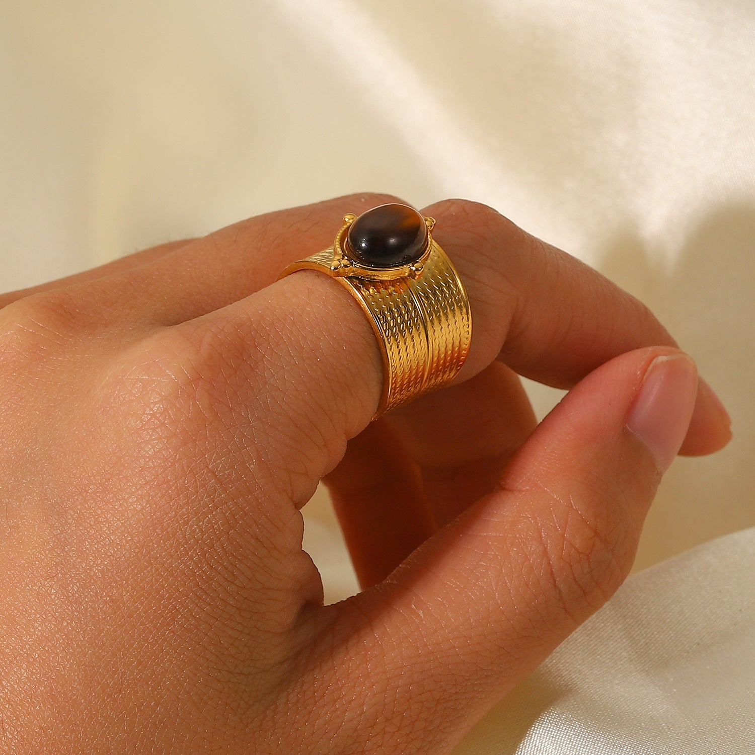 Gold Adjustable Ring with Natural Stone