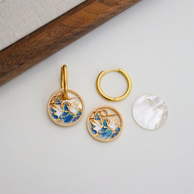 Blue Swan Earrings with Gold Frame