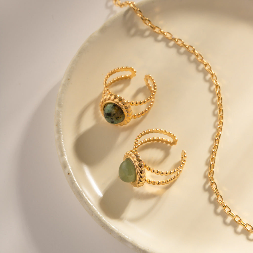 Twisted Double Band Ring with Natural Green Stone