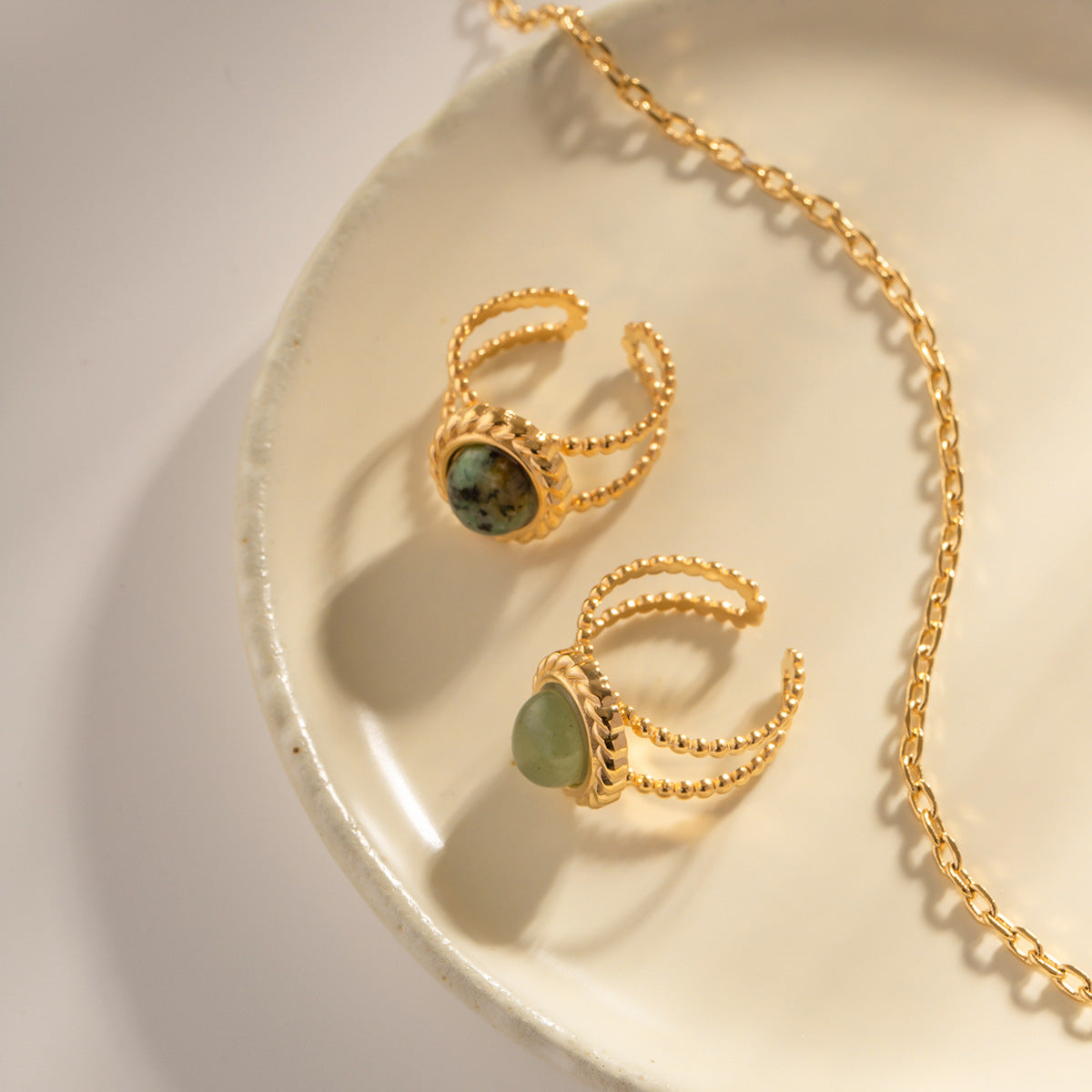 Twisted Double Band Ring with Natural Green Stone