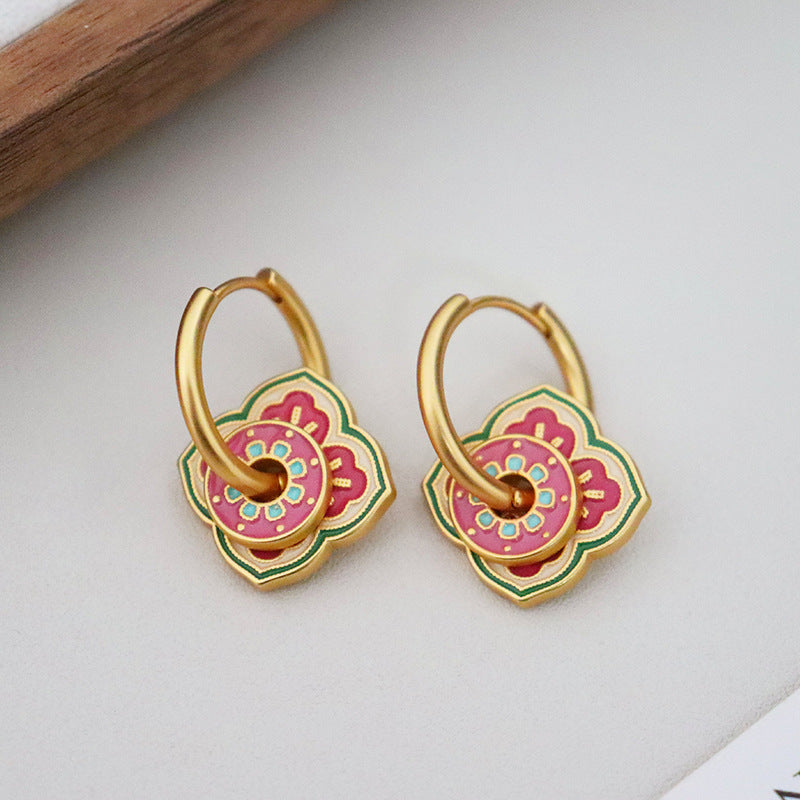 Pink & Green Floral Hoop Earrings