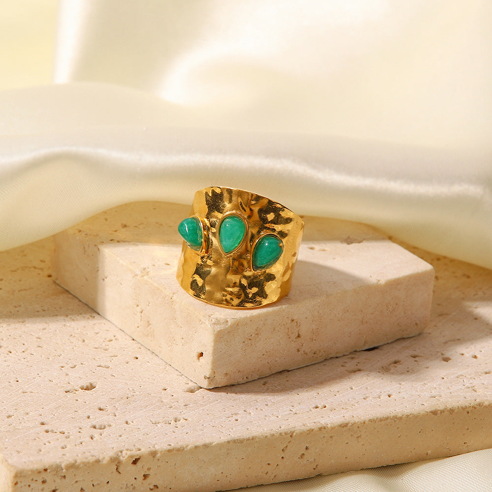 Hammered Gold Ring with Green Teardrop Stones