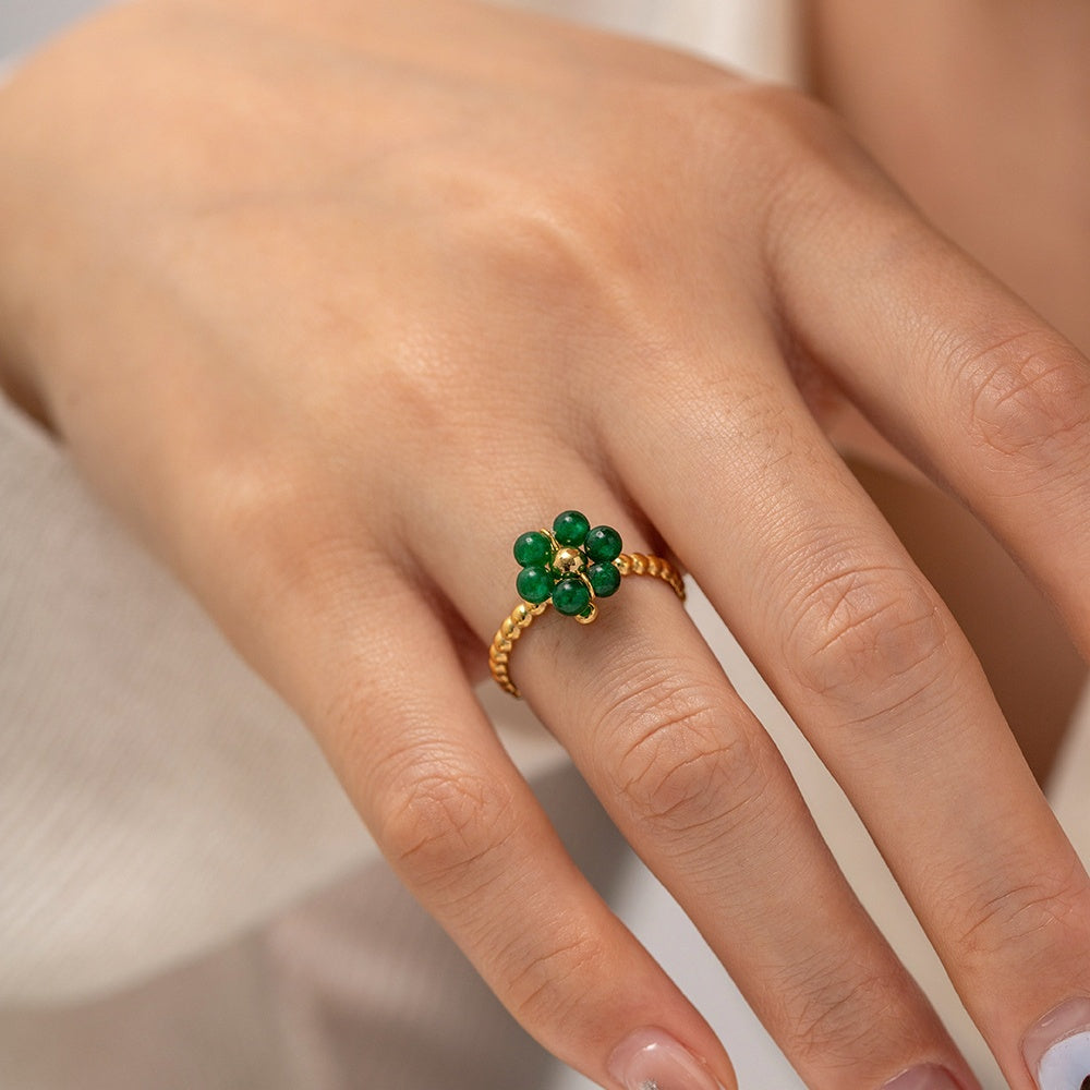 Gold Beaded Ring with Gemstone Flower