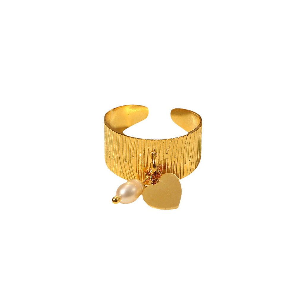 Textured Gold Ring with Pearl Charm