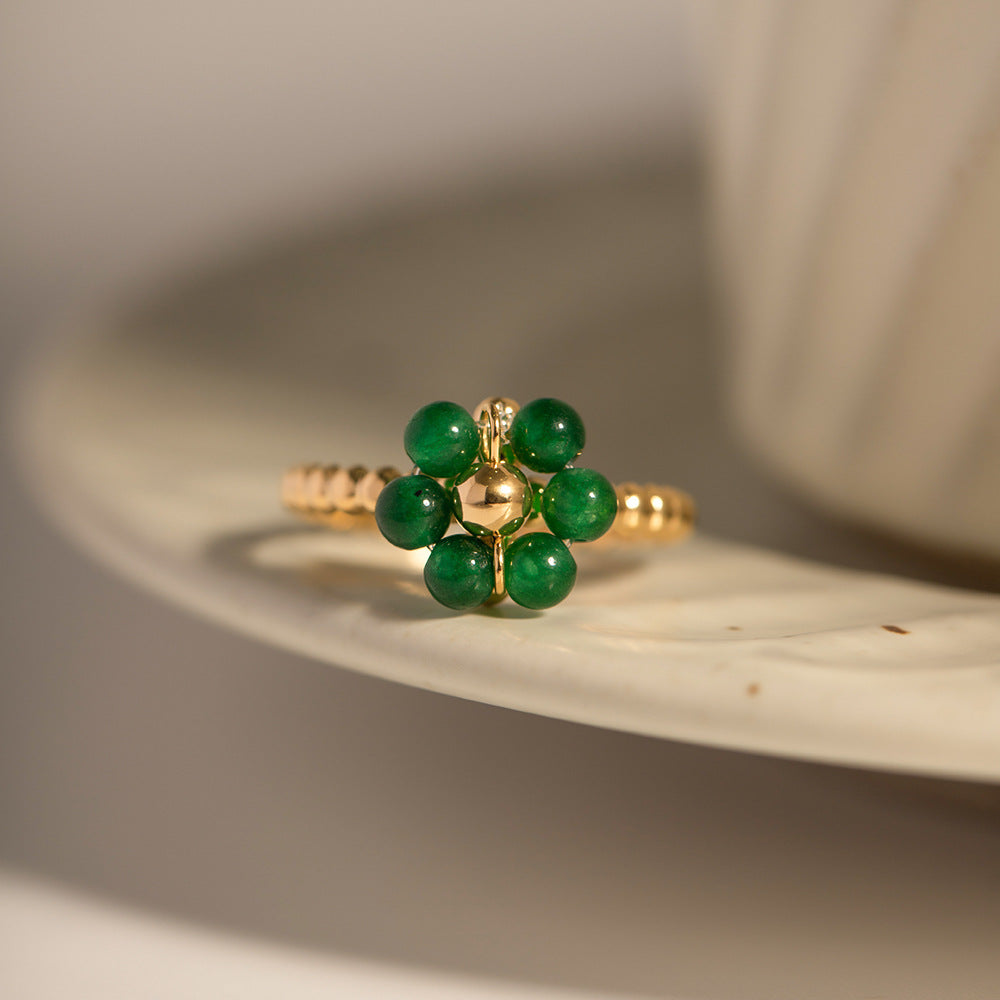 Gold Beaded Ring with Gemstone Flower