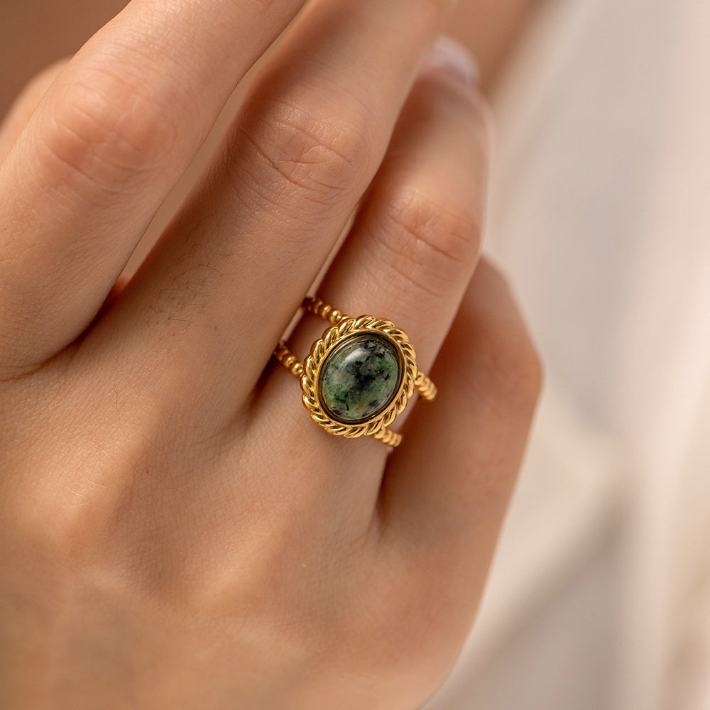 Twisted Double Band Ring with Natural Green Stone