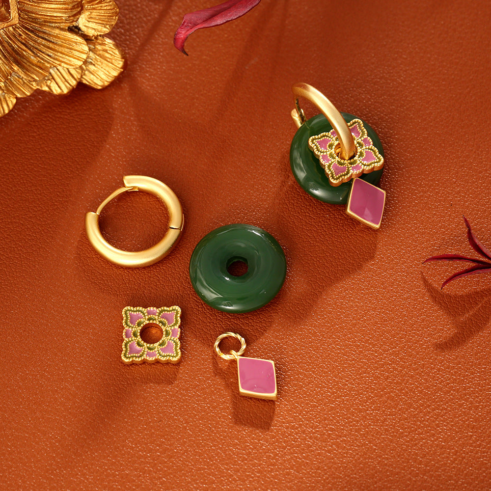 Green Jade & Fuchsia Enamel Drop Earrings