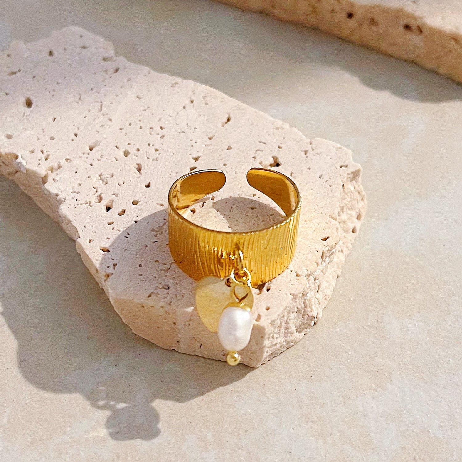 Textured Gold Ring with Pearl Charm