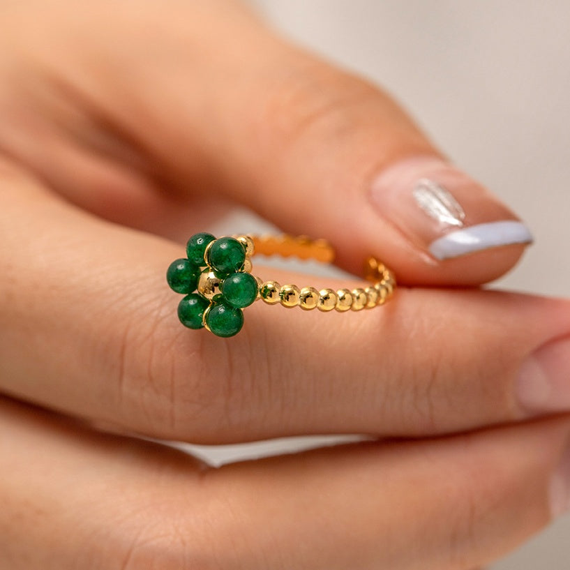 Gold Beaded Ring with Gemstone Flower